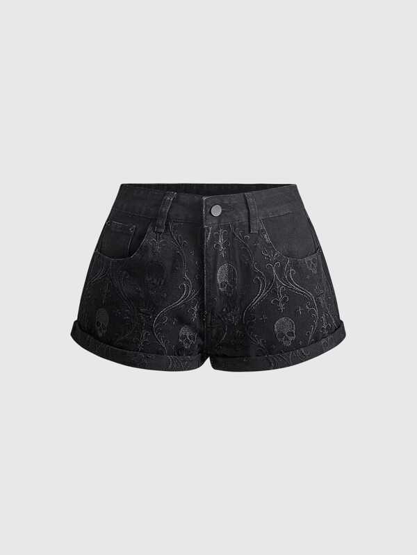ROMWE Short goth en denim stretch noir à motif crâne intégral pour femmes