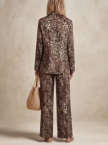 SHEIN LUNE Women's Vintage Leopard Print Long Sleeve Blazer And Pants 2 Pieces Set - Multicolor - View 2