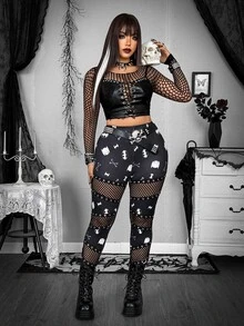 Whyspr BATMAN X SHEIN Plus Size Printed Patchwork Fishnet Leggings - Black - View 6