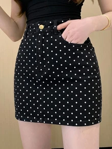 DAZY Women's Fashion Polka Dot Print Button Denim Mini Skirt - Black - View 5