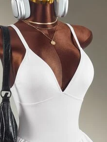 Amplova Ruffle Trim Backless Spaghetti Strap Sports Romper - White - View 5