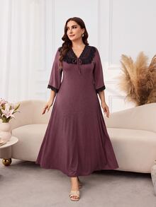 Lacomfia Gaun Pesta Kasual Leher V dengan Patchwork Renda untuk Wanita Ukuran Plus - Red Violet - View 5