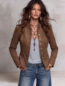 Solivie Women's Solid Color Casual Versatile Daily Long Sleeve Jacket - Coffee Brown - View 10
