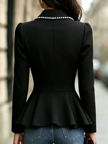 Selianne Women's Black Blazer With Lapel, Puff Sleeves, Cinched Waist, Pearl Buttons, Ruffle Hem, Heavy Beading, Elegant Commuter Design, Romantic Fashion - Black - View 2