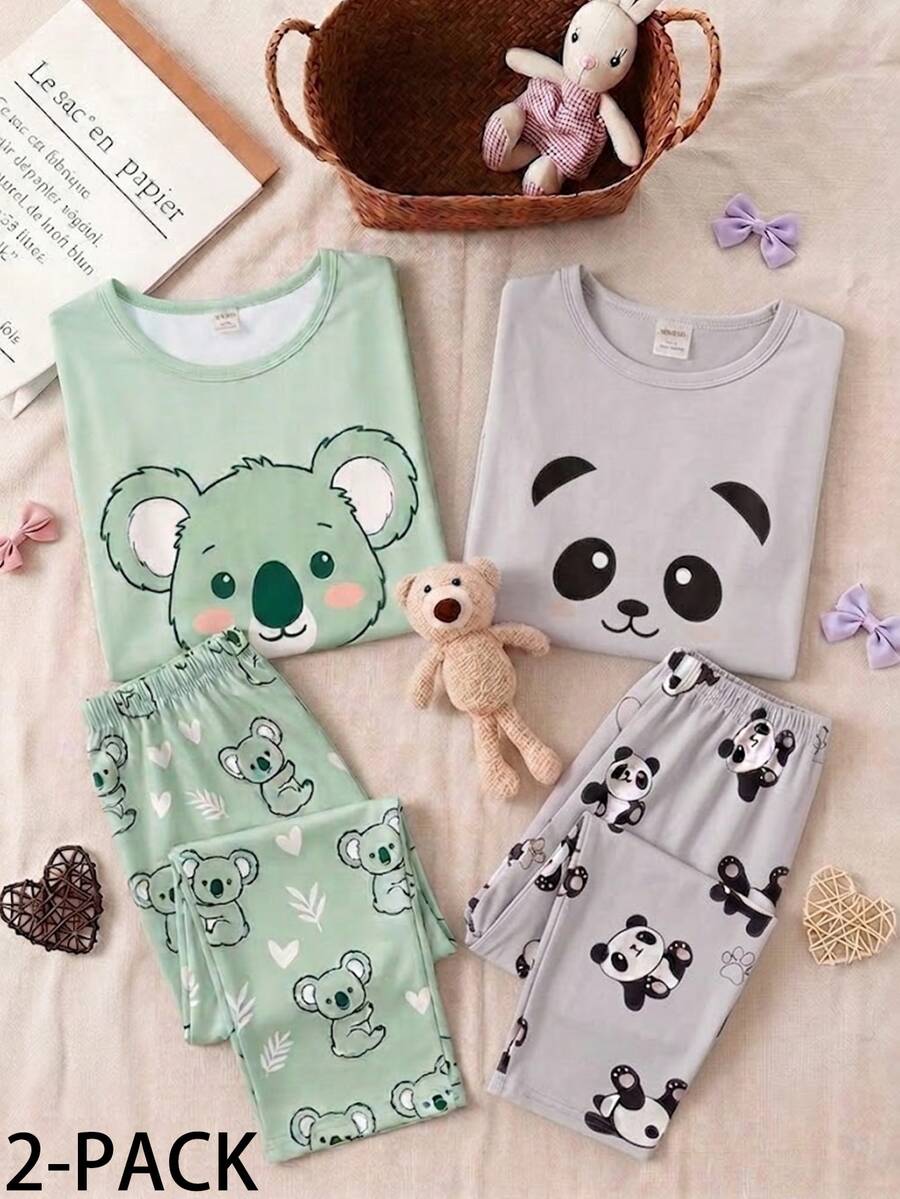 SHEIN Tween女孩可愛灰色無尾熊印花圓領長袖上衣＋長褲休閒居家服睡衣，秋季家庭套裝