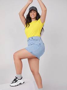 SHEIN BASICS Camiseta de Verano de Cuello Redondo Sólida Ajustada Talla Grande - amarillo ganso - Ver 4