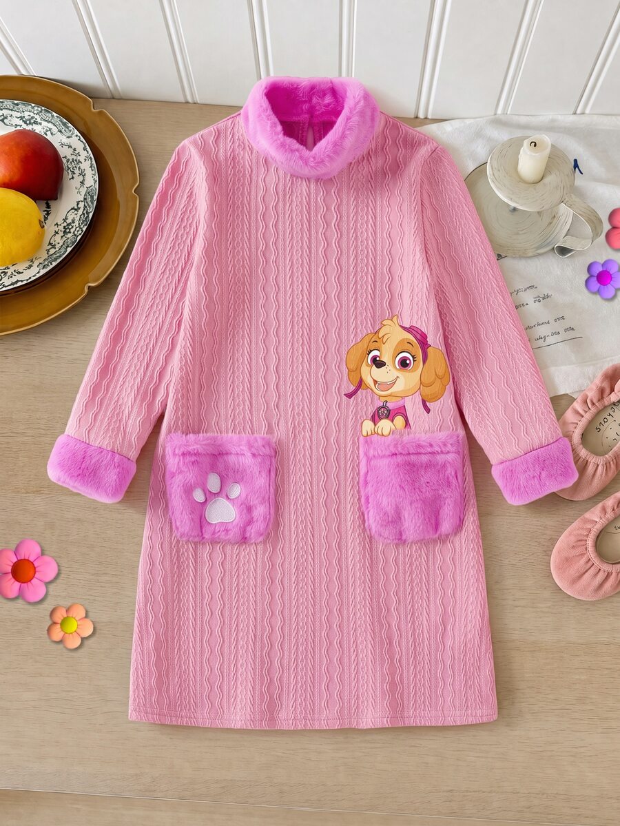 SHEIN | PAW Patrol Young Girl Cute Pattern Pink Long Sleeve Dress - Pink - View 1