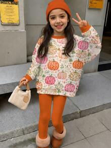 青少年女孩圓領休閒落肩衛衣與修身緊身褲2件套 - 彩色 - 查看 3