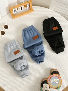 SHEIN 3件組嬰兒男童女童裝飾貼布保暖內裡加厚彈性腰舒適百搭長褲，適合秋冬穿著 - 彩色 - 查看 3