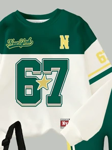 SHEIN 女童時尚 New York 67 徽章五角星條紋紫色拼接圖案基礎圓領運動衫與內搭褲2件套，聖誕、秋季 - 彩色 - 查看 5