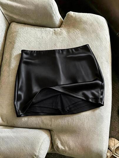 SHEIN Franclia European & American New Fashion Satin Glossy Elegant Design Anti-Exposure Skort Sexy Women's Skirt, Women's Spring/Summer Skirt, Autumn/Winter Clothing, Autumn Outfit, Vacation, Outing, Y2K, Spring, Summer, Back To School, Casual, Beach, Business, Versatile, Sexy, Women's Black Skirt, Women's Autumn/Winter Bottoms, Skort