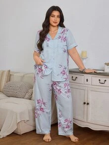 Serenescape Floral Print Bubble Crinkle Button-Down Lapel Short Sleeve Long Pants Plus Size Pajama Set - Blue - View 5