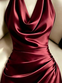 SHEIN Franclia 女款優雅緞面百褶掛脖晚禮服 - 酒紅色 - 查看 3