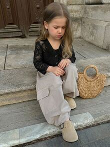 Dazy Kids 女童小號紋理鏤空設計翻領短袖T恤 - 黑色 - 查看 4