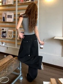 DAZY Women's Wide Leg Loose Casual Versatile Denim Jeans With Pockets Fall - Black - View 6
