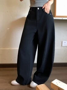 DAZY Women's Wide Leg Loose Casual Versatile Denim Jeans With Pockets Fall - Black - View 8