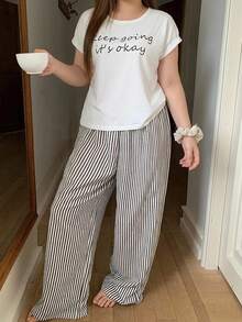 Dazy Plus 2pcs/Set English Graphic Short Sleeve T-Shirt & Striped Straight Leg Long Pajama Pants, Summer Wear Sleepwear Set - White - View 3
