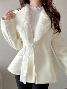 FRIFUL Women's Solid Color Fur Collar Long Sleeve Waist Tie Elegant Overcoat Fall - Beige - View 7