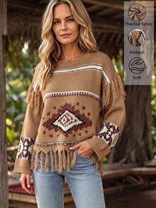 Holdful Holdful Herbst Neu Braun und Weiß Quasten Jacquard Design Locker Faul Boho Damen Pullover Urlaub - Braun - Übersicht 5
