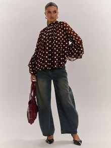 SHEIN BAE 女款波點百褶休閒百搭日常穿著襯衫 - 咖啡棕 - 查看 8