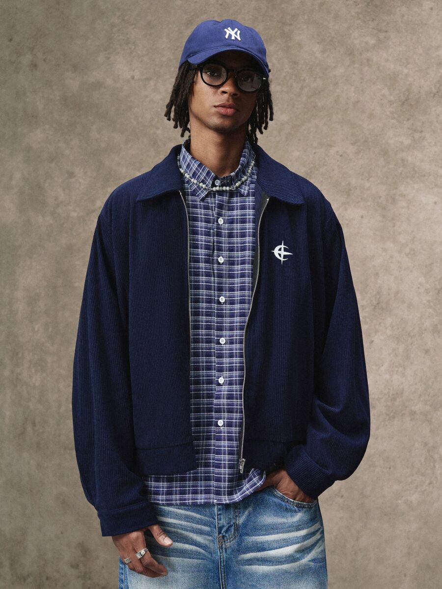 PAVTROS Retro Dark Corduroy Bomber Coat, Chest Mini Logo Heat Print Casual Jacket - Navy Blue - View 1