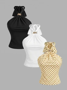 SHEIN MOD 女款金屬裝飾修身百搭日常穿搭掛脖上衣 - 淡黃色 - 查看 2