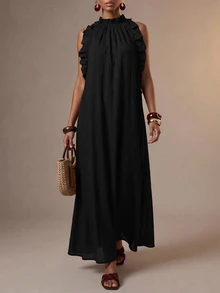 Zivah Women's Solid Color Patchwork Ruffle Halter Neck Dress For Vacation - Black - View 8