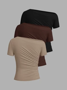 SHEIN Clasi 3件組 95%棉 女款休閒不對稱肩修身T恤，女款休閒套裝 - 彩色 - 查看 9