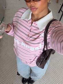 Muchica 大尺碼女款粉黑字母條紋印花落肩長袖 Polo 領 T 恤，休閒牛仔寬鬆秋季正式外出穿搭 - 粉色 - 查看 5
