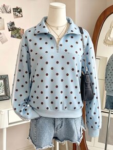 SHEIN 青少年女孩波點印花半拉鍊長袖休閒衛衣 - 藍色 - 查看 1
