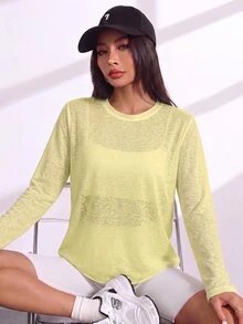 SHEIN Sovereign Charm تي شيرت رياضي كاجوال متعدد الاستخدامات بلون موحد وأكمام طويلة - أصفر فاتح - مشاهدة 1