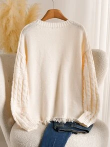 Elaquor Plus Size Versatile Gentle Cable Knit Tassel Hem Pullover Sweater - Beige - View 2