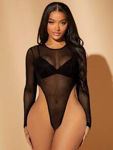 SHEIN SXY Women's Sexy Sheer Mesh Bodysuit - Black - View 4
