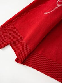 SHEIN Clasi Cardigan Rajut Wanita Ukuran Besar Lengan Panjang Berpayet dengan Pita dan Bagian Depan Terbuka, Warna Merah Musim Gugur, Motif Langit Berpayet - Merah - View 7