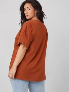 SHEIN BASICS 大尺碼捲袖口純色夏季上衣 - 鏽棕色 - 查看 2