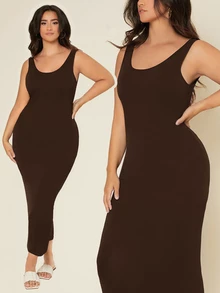 SHEIN BASICS 大尺碼純色貼身夏季洋裝 女款夏季穿搭 優雅女裝洋裝 - 咖啡棕 - 查看 1