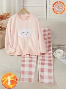 Tween Girl Cartoon Cloud Embroidered Top And Plaid Pants Loungewear Set - Pink - View 1