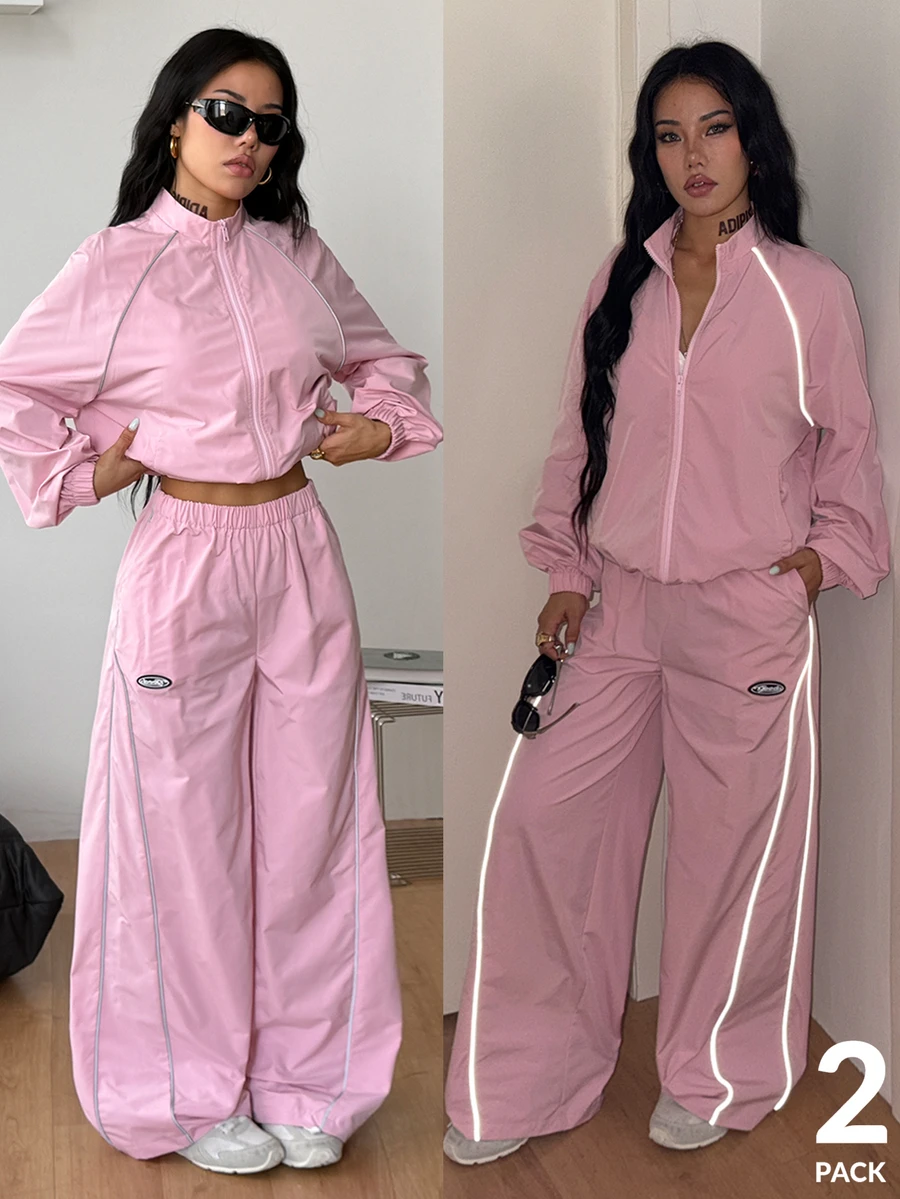 Coolane 女款長袖拉鍊夾克與牛仔口袋褲兩件套 - 粉色 - 查看 1