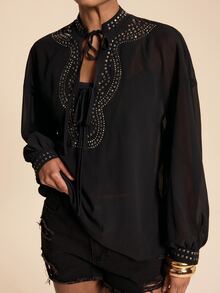 Travachic Women's Elegant Heavy Embellished Daily Commute Versatile Rhinestone Chiffon Semi-Sheer Long Sleeve Loose Blouse - Black - View 2
