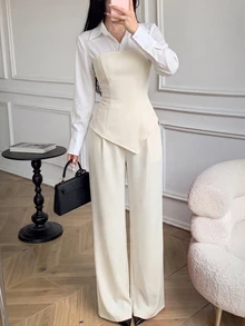 Celisse Spring/Autumn Beige 2 In 1 Waist-Cinching Top And Wide-Leg Pants Suit Set, Professional Commuter Outfit For Office, Interview, Afternoon Tea, Elegant Style - Beige - View 1