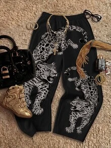 SHEIN EZwear 女款休閒低腰直筒運動長褲，復古虎紋印花，適合春夏秋冬 - 彩色 - 查看 7