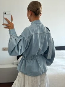 Dazy Tall Women's Small Stand Collar Waist-Cinching Casual Denim Top Fall - Light Wash - View 6