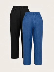 SHEIN Essnce Plus Size Casual Elegant Baggy Solid Color Pants Women Summer Formal Vacation Black Sky Blue - Multicolor - View 3
