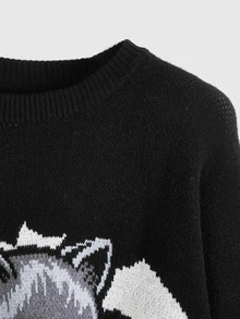 ROMWE Halloween Cute Cat Pumpkin Pattern Black Long Sweater For Women - Black - View 6