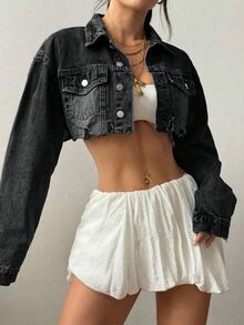 Jeanoix Plus Size Outdoor Fashion Distressed Raw Hem Pocket Cropped Black Denim Jacket - Black - View 4