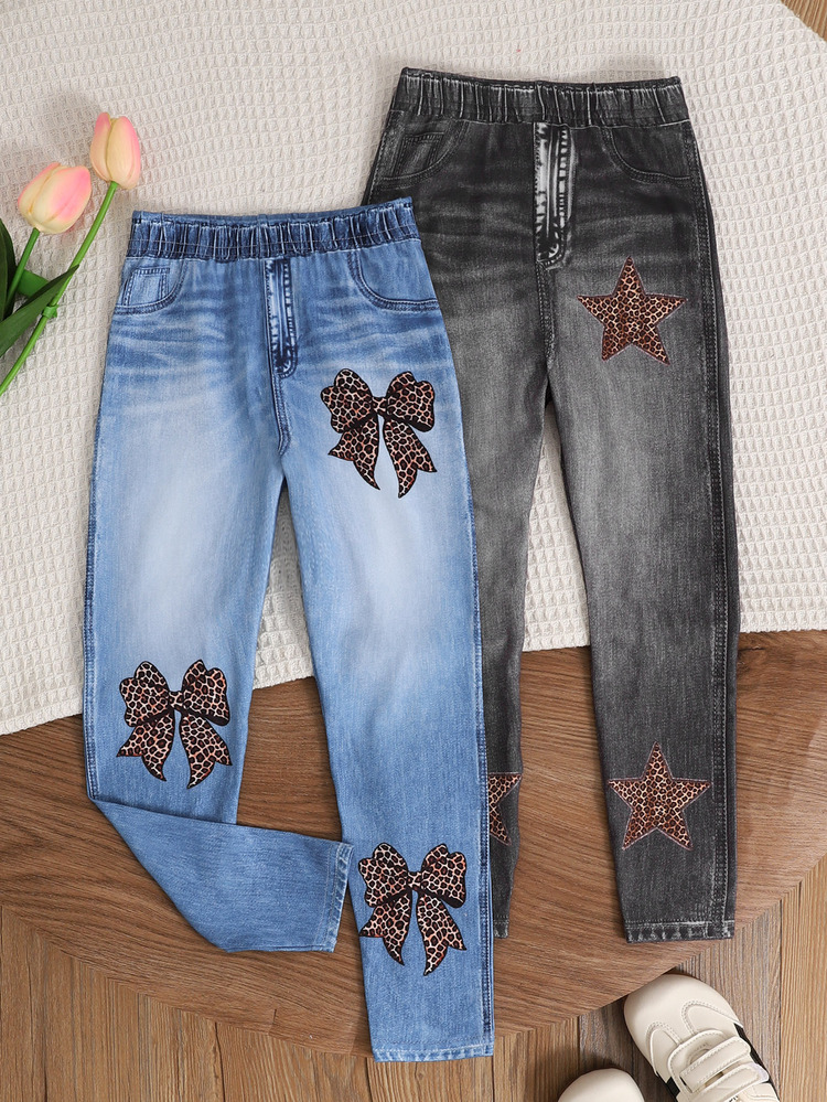 Kids Young Girl Autumn/Winter Random 2pcs Sweet Cute Digital Print Elastic Waist Faux Denim Print Leggings, Suitable For Daily Wear And Outdoor Activities - Multicolor - View 5