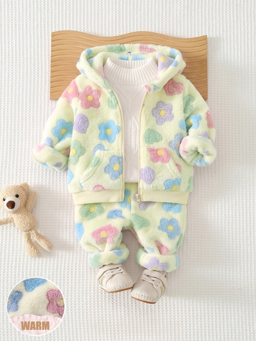 SHEIN Kids Infant Girl Cute Colorful Floral Fuzzy Sweatshirt And Elastic Waist Long Pants Set - Beige - View 1
