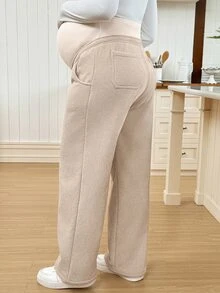 SHEIN Maternity Solid Color Adjustable Waist Straight Leg Casual Pants - Khaki - View 2