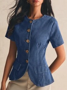 Poéselle Women's Round Neck Metal Single-Breasted Short Sleeve Denim Top - Medium Wash - View 9
