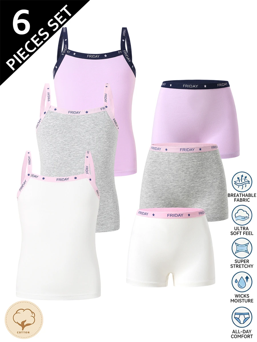 3 articles aléatoires parmi 6 ensembles de sous-vêtements sans manches et shorts pour préadolescentes, charmants, rose crème et violet unicolore, imprimé lettres, tissu doux, confortables pour tous les jours - Multicolore - Voir 1